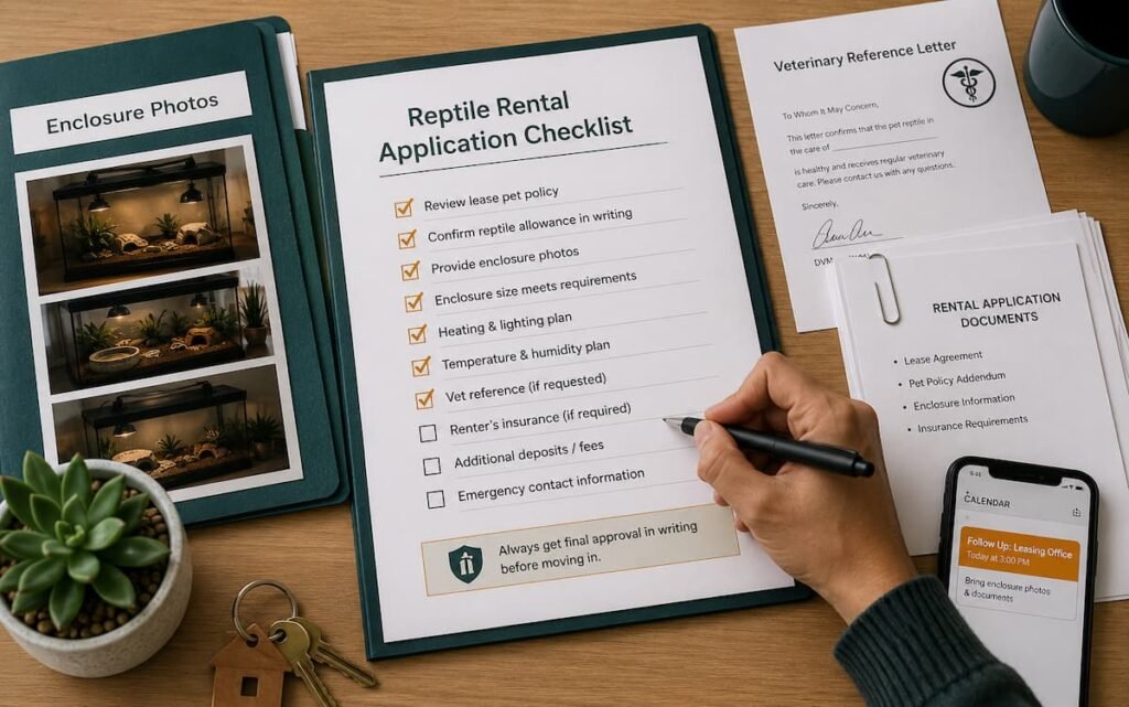 Renter checking off items on a printed reptile rental application checklist alongside documentation folders and a vet reference letter.