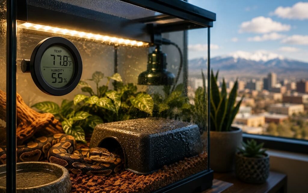 Reptile terrarium with humidity and temperature gauges in a Denver apartment, showing enclosure climate management against a dry mountain backdrop.