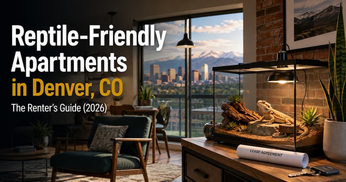 Modern Denver apartment interior with a bearded dragon terrarium, mountain skyline view, and lease documents representing reptile-friendly apartments in Denver.