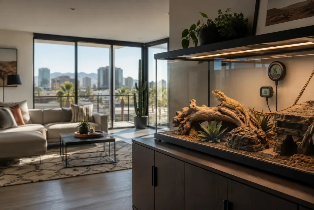 Secure reptile enclosure in a Phoenix apartment living room
