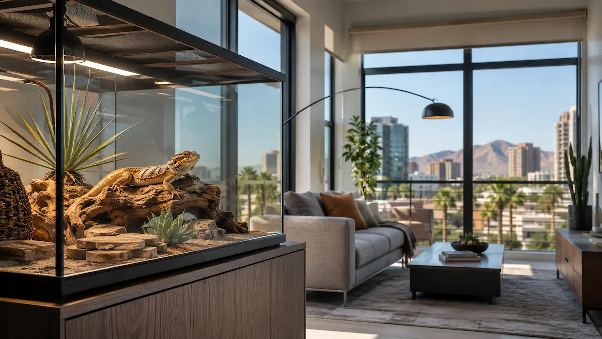 Bearded dragon in a secure enclosure inside a Phoenix apartment