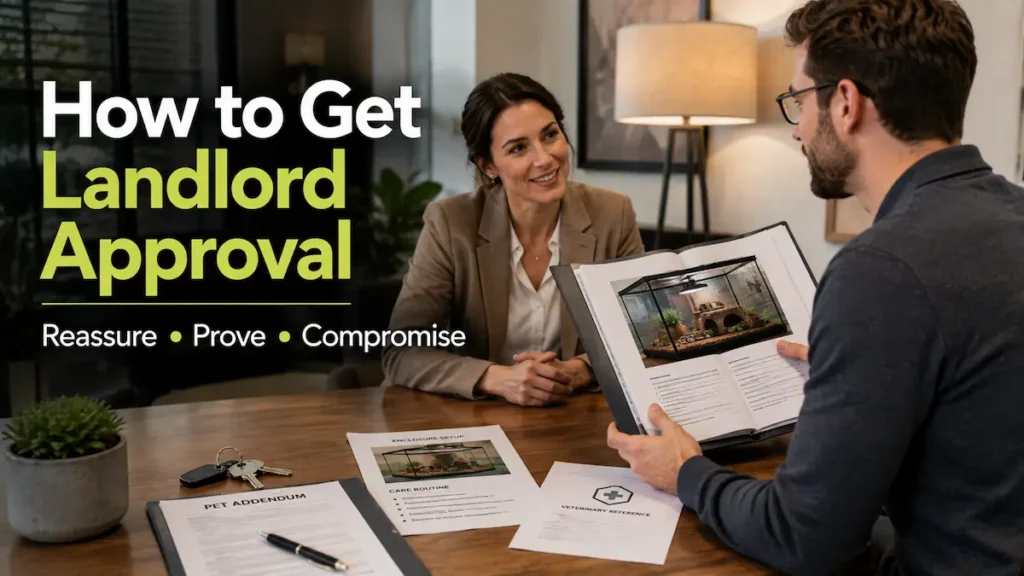 Renter presenting exotic pet documentation and enclosure information during a professional landlord approval conversation.