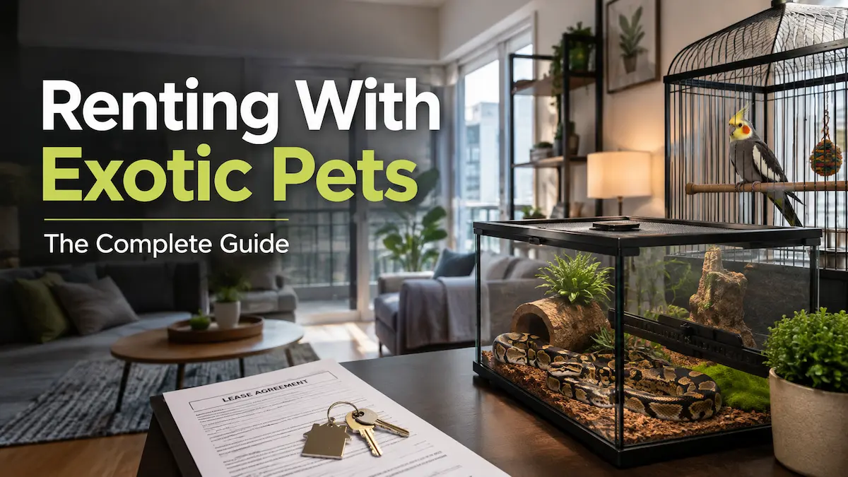 Modern apartment interior with a secure reptile enclosure and pet bird representing renting with exotic pets.