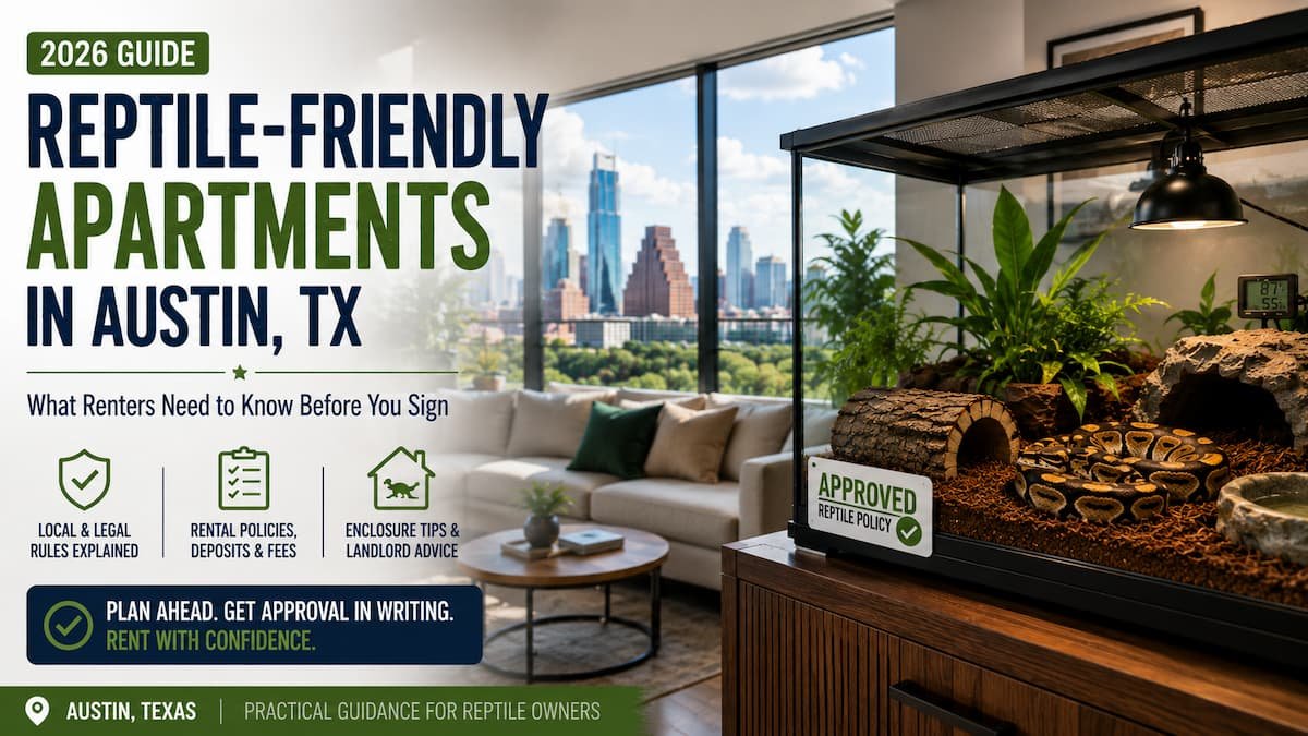 Reptile-friendly apartment in Austin, Texas with a secure reptile enclosure and city skyline view