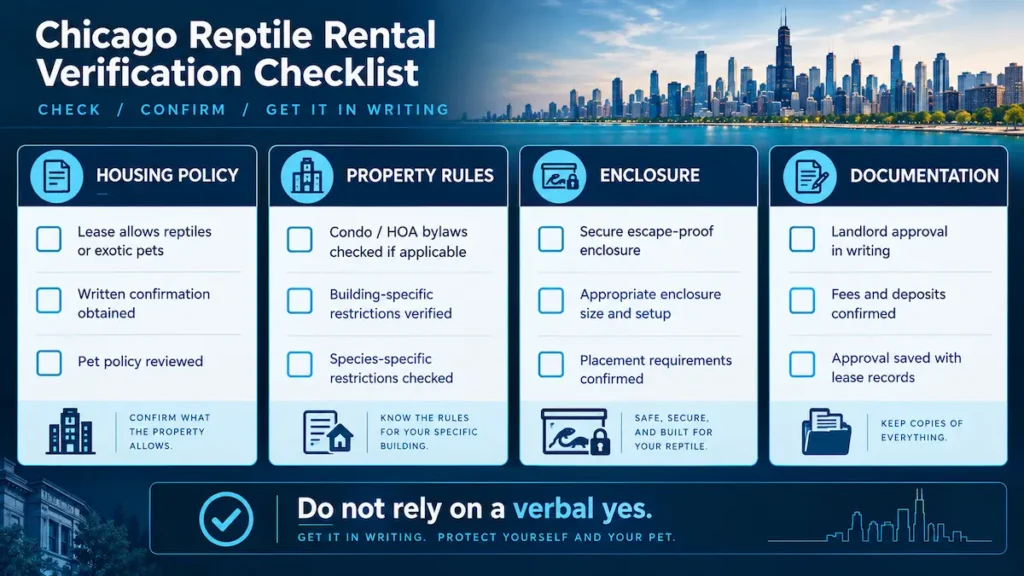 Checklist for verifying reptile-friendly apartment policies in Chicago