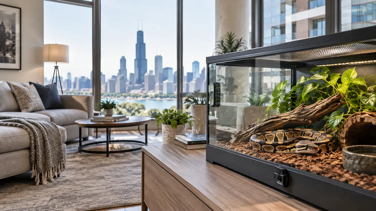 Reptile-friendly apartment concept in Chicago with a secure terrarium